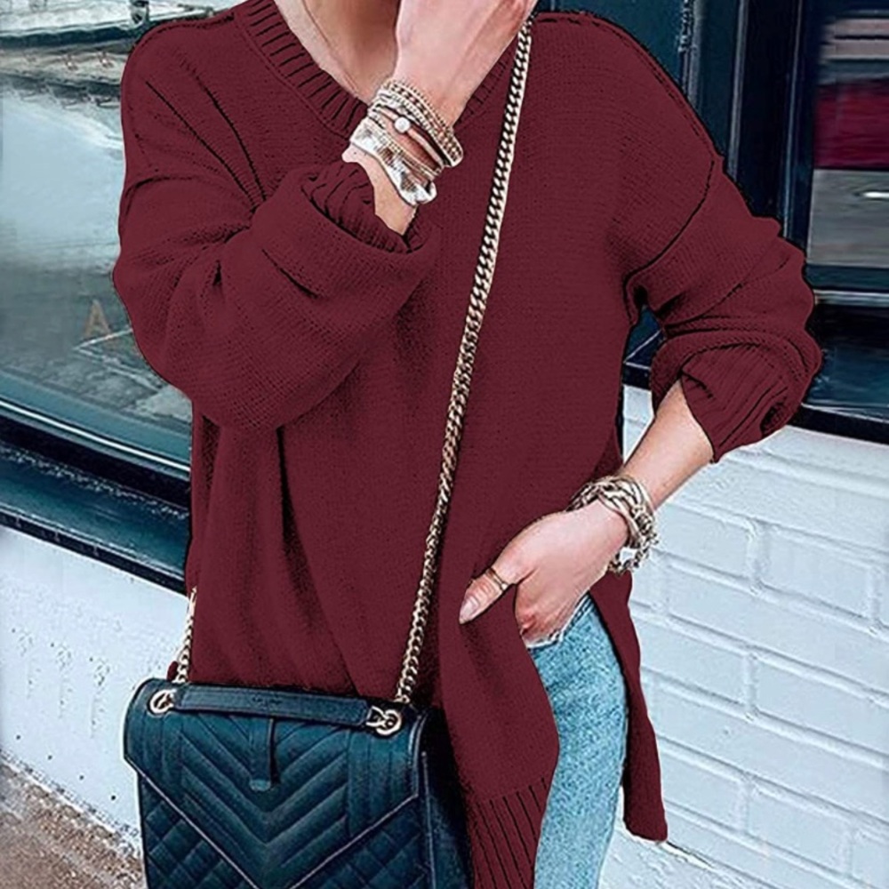 MEROKEETY Women's Casual Crew Neck Side Split Pullover Sweater Loose